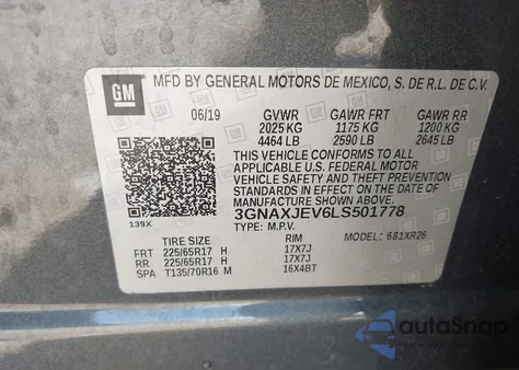 2020 Chevrolet Equinox Fwd 2Fl из США, поврежденный, VIN 3GNAXJEV6LS501778